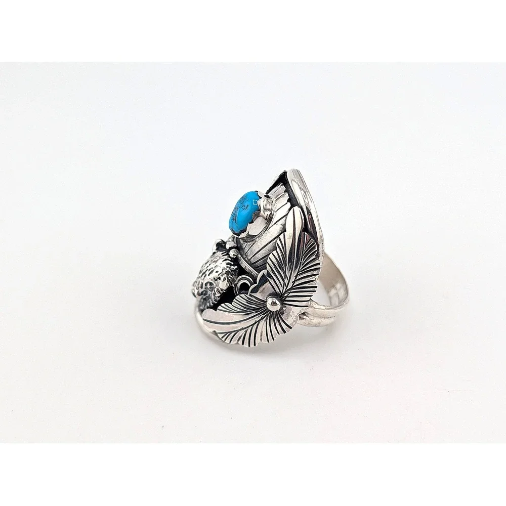 Navajo Men's Buffalo Ring Sterling Silver Turquoise‎ Signed Junior Begay 12**